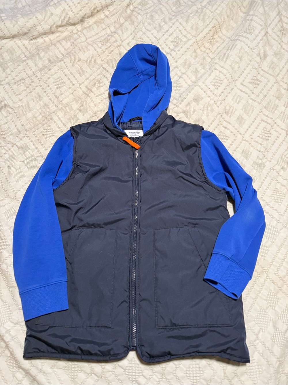 Old Navy Blue Hoodie with Black Puffer Vest attached